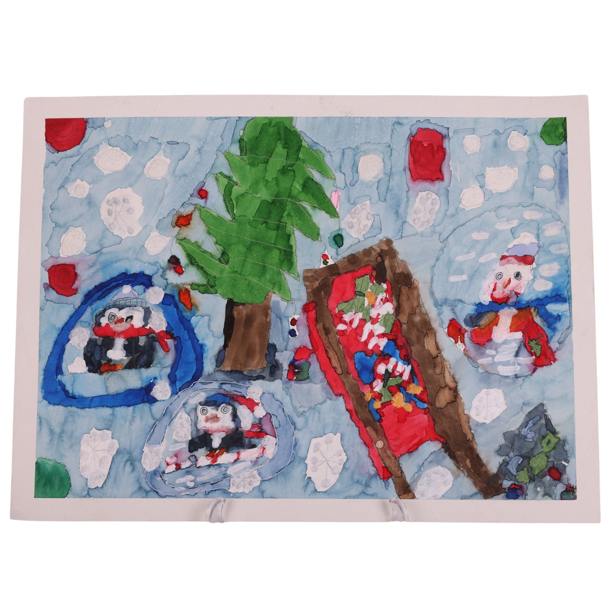 Christmas with Penguin and Frosty 23 x 17 Painting by Kaitlyn M.