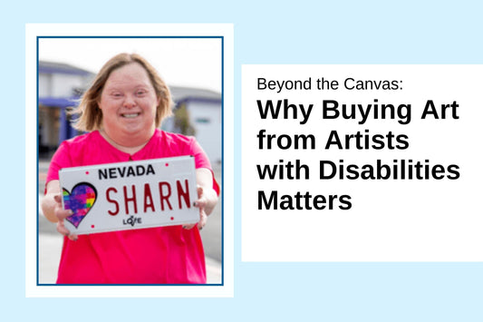 Beyond the Canvas Why Buying Art from Artists with Disabilities Matters with a picture of Sharen holding a license plate with her artwork
