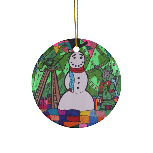 Snowman Construction by Bonnie M. Decorative Ceramic Ornament