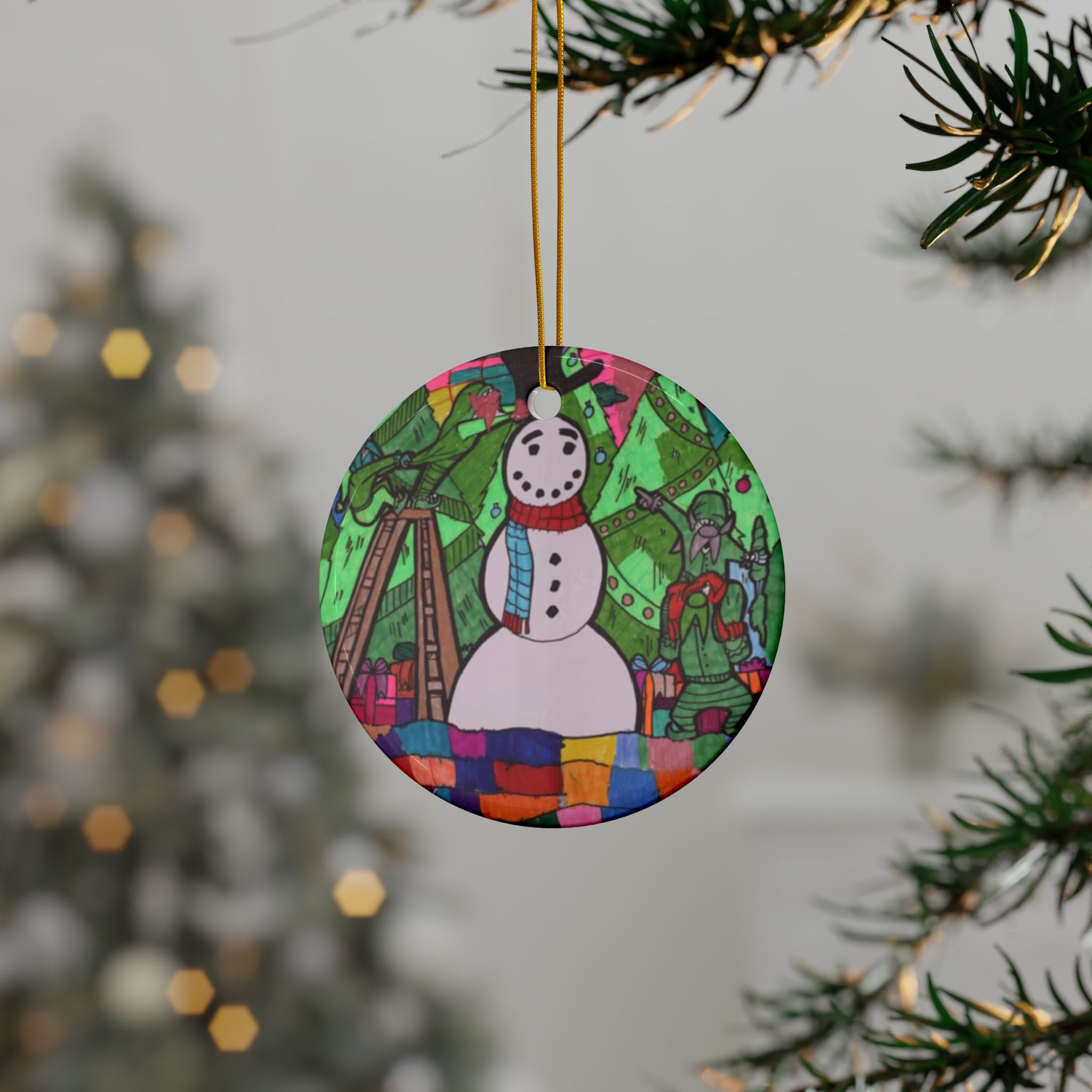 Snowman Construction by Bonnie M. Decorative Ceramic Ornament