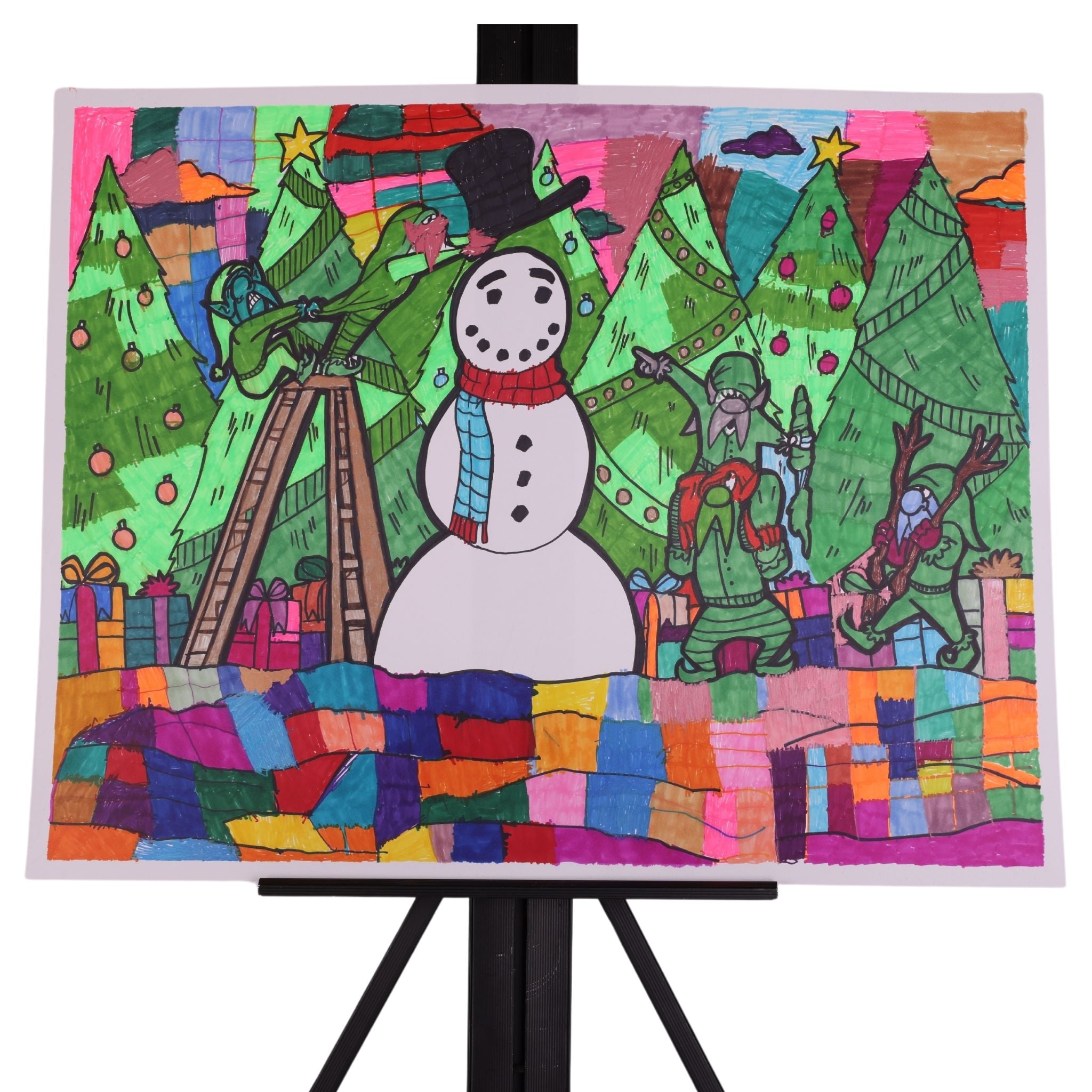 Snowman Construction 24 x 19 Drawing by Bonnie M.